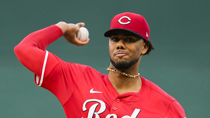 May 28, 2025; Kansas City, Missouri, USA; Cincinnati Reds starting pitcher Hunter Greene (21) pitches during the first inning against the Kansas City Royals at Kauffman Stadium. Mandatory Credit: Jay Biggerstaff-Imagn Images