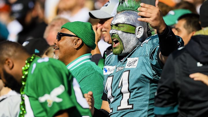 A Philadelphia Eagles fan cheers during the second half against the Cincinnati Bengals at Paycor Stadium.