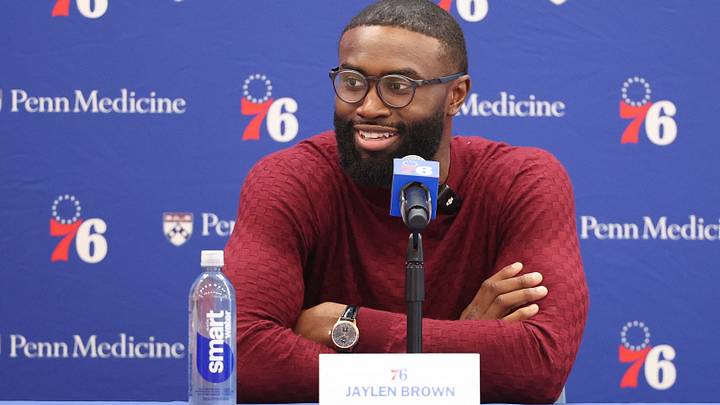 Aug 6, 2026; Camden, NJ, USA; Philadelphia 76ers guard Jaylen Brown speaks with the media during his introductory press conference at the Francis J. Myers Recreation Center. Mandatory Credit: Bill Streicher-Imagn Images Aug 6, 2026; Camden, NJ, USA; Philadelphia 76ers guard Jaylen Brown speaks with the media during his introductory press conference at the Francis J. Myers Recreation Center. Mandatory Credit: Bill Streicher-Imagn Images