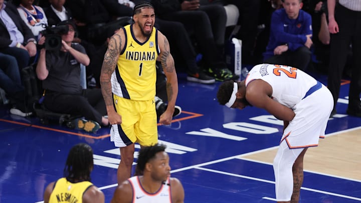 May 21, 2025; New York, New York, USA; Indiana Pacers forward Obi Toppin (1) reacts in the second half against the New York Knicks during game one of the eastern conference finals for the 2025 NBA Playoffs at Madison Square Garden. Mandatory Credit: Wendell Cruz-Imagn Images