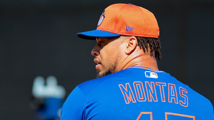 Feb 12, 2025; Port St. Lucie, FL, USA; New York Mets pitcher Frankie Montas (47) pitches during a Spring Training workout at Clover Park. Mandatory Credit: Sam Navarro-Imagn Images