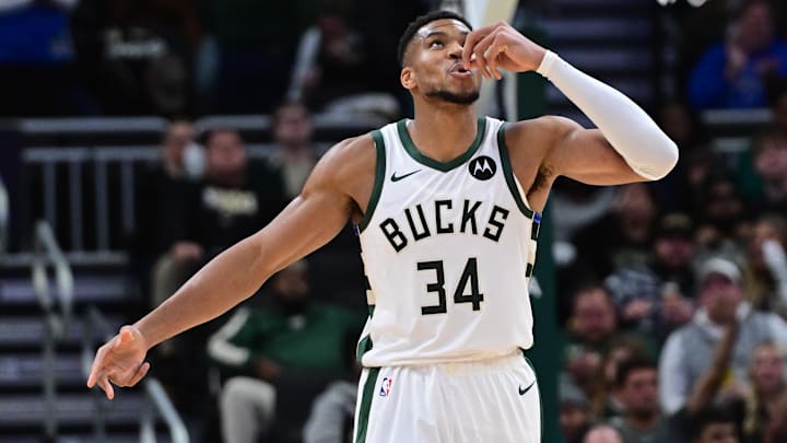 Nov 7, 2024; Milwaukee, Wisconsin, USA; Milwaukee Bucks forward Giannis Antetokounmpo (34) gestures in the fourth quarter against the Utah Jazz at Fiserv Forum. Mandatory Credit: Benny Sieu-Imagn Images Nov 7, 2024; Milwaukee, Wisconsin, USA; Milwaukee Bucks forward Giannis Antetokounmpo (34) gestures in the fourth quarter against the Utah Jazz at Fiserv Forum. Mandatory Credit: Benny Sieu-Imagn Images