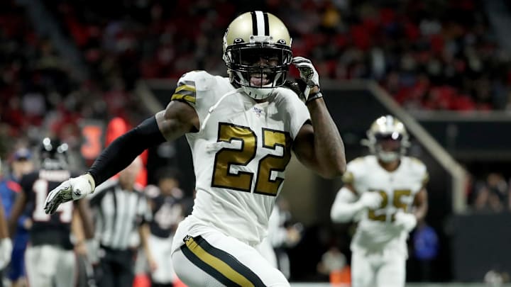 Nov 28, 2019; Atlanta, GA, USA; New Orleans Saints defensive back Chauncey Gardner-Johnson (22) celebrates his interception in the second half against the Atlanta Falcons at Mercedes-Benz Stadium. 