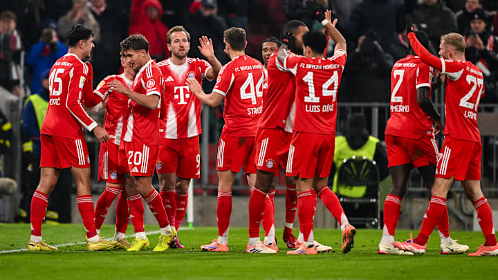 Bayern Munich players celebrating a goal against Freiburg on Saturday.
