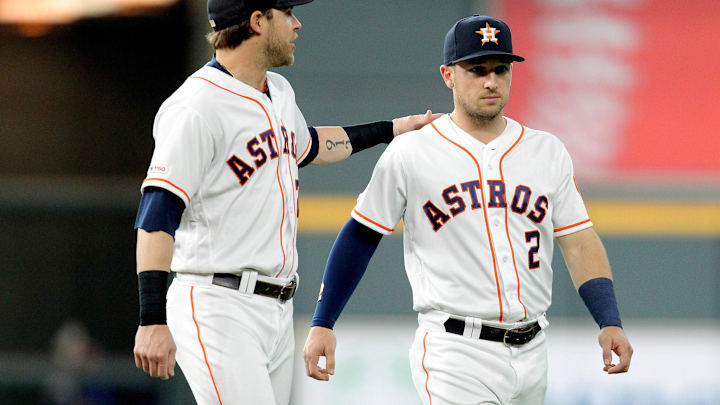 May 29, 2019; Houston, TX, USA; Houston Astros right fielder Josh Reddick (22) and third baseman Alex Bregman (2) prior to the game against the Chicago Cubs at Minute Maid Park.