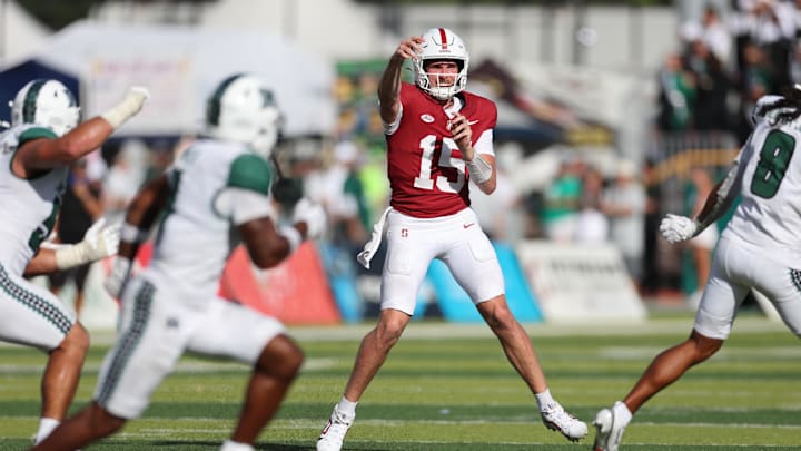 Aug 23, 2025; Honolulu, Hawaii, USA;  Stanford Cardinal quarterback Ben Gulbranson (15) makes a pass against Hawaii Rainbow Warriors during the second half at Clarence T.C. Ching Athletics Complex. Mandatory Credit: Marco Garcia-Imagn Images