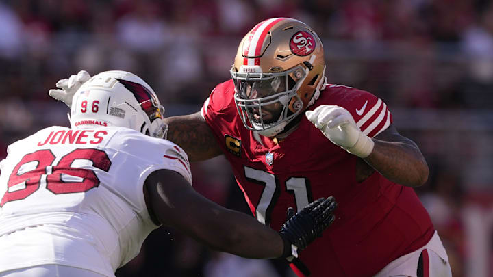 Oct 6, 2024; Santa Clara, California, USA; San Francisco 49ers offensive tackle Trent Williams (71) blocks Arizona Cardinals defensive tackle Naquan Jones (96) during the fourth quarter at Levi's Stadium. Mandatory Credit: Darren Yamashita-Imagn Images Oct 6, 2024; Santa Clara, California, USA; San Francisco 49ers offensive tackle Trent Williams (71) blocks Arizona Cardinals defensive tackle Naquan Jones (96) during the fourth quarter at Levi's Stadium. Mandatory Credit: Darren Yamashita-Imagn Images