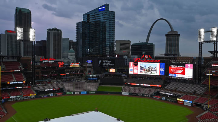May 8, 2024; St. Louis, Missouri, USA;  A general view of the tarp on the field as storms move through the St. Louis region delaying a game between the St. Louis Cardinals and the New York Mets at Busch Stadium. Mandatory Credit: Jeff Curry-USA TODAY Sports