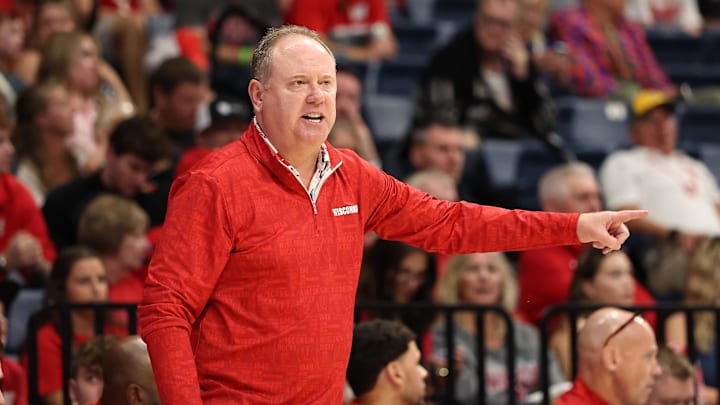 Nov 27, 2025; San Diego, CA, USA; Wisconsin Badgers head coach Greg Gard reacts against the Providence Friars during the first half  at Jenny Craig Pavilion. Mandatory Credit: Abe Arredondo-Imagn Images