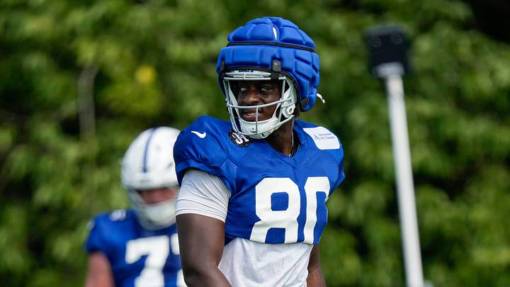 Indianapolis Colts tight end Jelani Woods (80) walks up the field Monday, Aug. 11, 2025, during Indianapolis Colts Training Camp at Grand Park in Westfield. Indianapolis Colts tight end Jelani Woods (80) walks up the field Monday, Aug. 11, 2025, during Indianapolis Colts Training Camp at Grand Park in Westfield.