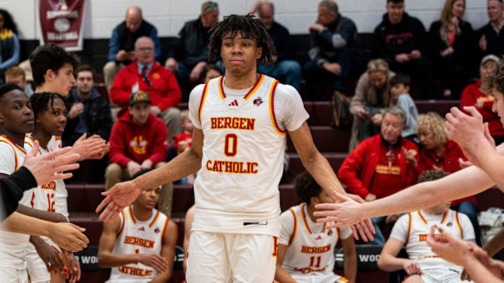 Bergen Catholic #0 Julius Avent make his entrance. Ridgewood boys basketball hosts Bergen Catholic in a game on Tuesday, Jan. 28, 2025.