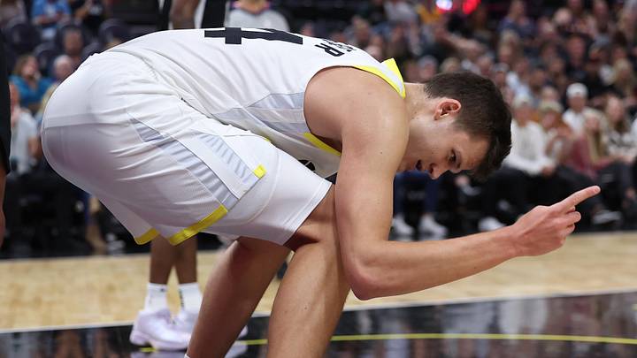 Oct 11, 2022; Salt Lake City, Utah, USA; Utah Jazz center Walker Kessler (24) reacts after making a basket and being found against the San Antonio Spurs during the fourth quarter at Vivint Arena. Mandatory Credit: Rob Gray-Imagn Images