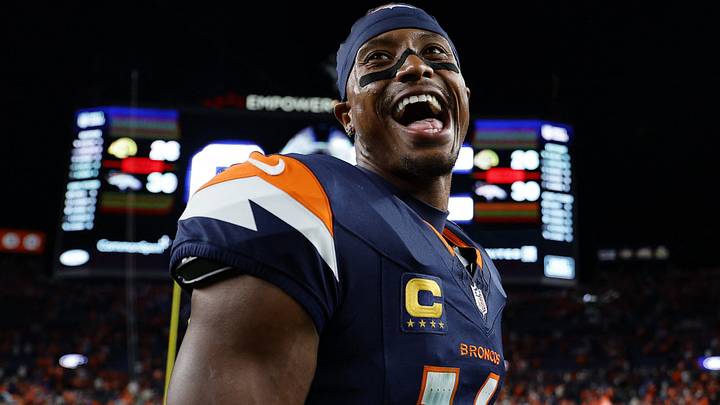 Sep 27, 2026; Denver, Colorado, USA;  Denver Broncos wide receiver Courtland Sutton (14) celebrates after defeating the against the Los Angeles Rams at Empower Field at Mile High.  