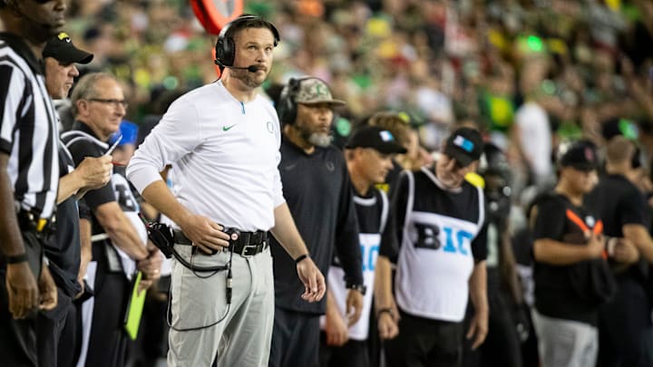 Oregon head coach Dan Lanning looks on as the No. 3 Oregon Ducks host the No. 2 Ohio State Buckeyes Saturday, Oct. 12, 2024 at Autzen Stadium in Eugene, Ore. Oregon head coach Dan Lanning looks on as the No. 3 Oregon Ducks host the No. 2 Ohio State Buckeyes Saturday, Oct. 12, 2024 at Autzen Stadium in Eugene, Ore.