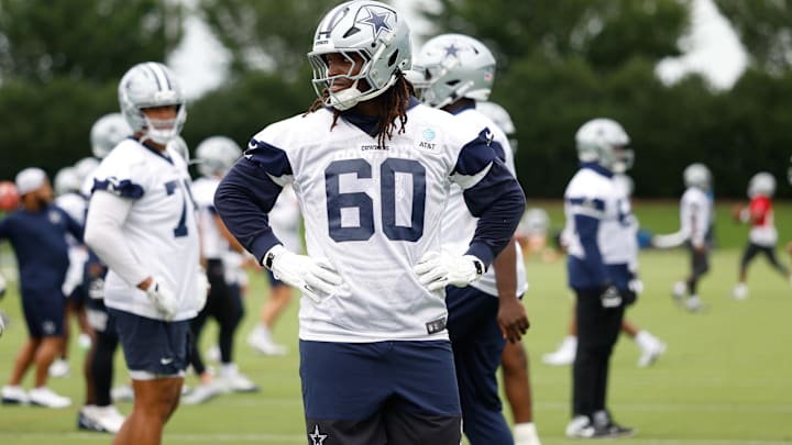 Dallas Cowboys offensive tackle Tyler Guyton goes through a drill during practice at the Ford Center at the Star.