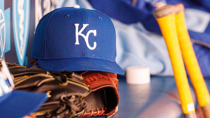 Apr 4, 2026; Kansas City, Missouri, USA; Kansas City Royals hat sits in the dugout during the sixth inning against the Milwaukee Brewers at Kauffman Stadium. Mandatory Credit: William Purnell-Imagn Images