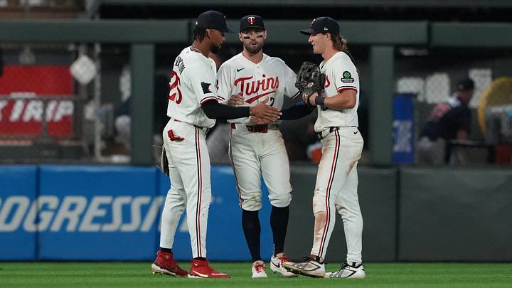 Aug 17, 2026; Minneapolis, Minnesota, USA; Minnesota Twins center fielder Byron Buxton (25) left fielder Kody Clemens (2) and right fielder Luke Keaschall (15) celebrate after defeating the Atlanta Braves at Target Field. Mandatory Credit: Jordan Johnson-Imagn Images Aug 17, 2026; Minneapolis, Minnesota, USA; Minnesota Twins center fielder Byron Buxton (25) left fielder Kody Clemens (2) and right fielder Luke Keaschall (15) celebrate after defeating the Atlanta Braves at Target Field. Mandatory Credit: Jordan Johnson-Imagn Images