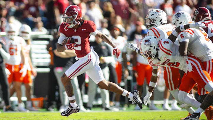 Nov 16, 2024; Tuscaloosa, Alabama, USA; Alabama Crimson Tide wide receiver Ryan Williams (2) runs the ball against the Mercer Bears during the first quarter at Bryant-Denny Stadium. Mandatory Credit: Will McLelland-Imagn Images Nov 16, 2024; Tuscaloosa, Alabama, USA; Alabama Crimson Tide wide receiver Ryan Williams (2) runs the ball against the Mercer Bears during the first quarter at Bryant-Denny Stadium. Mandatory Credit: Will McLelland-Imagn Images