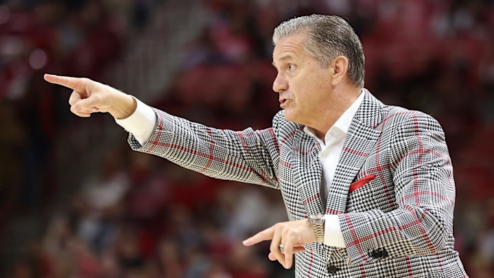 Nov 21, 2025; Fayetteville, Arkansas, USA; Arkansas Razorbacks head coach John Calipari gestures during the first half against the Jackson State Tigers at Bud Walton Arena. Mandatory Credit: Nelson Chenault-Imagn Images