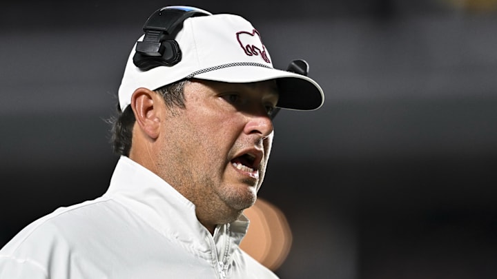 Mississippi State Bulldogs head coach Jeff Lebby reacts during the second quarter against the Texas A&M Aggies at Kyle Field.