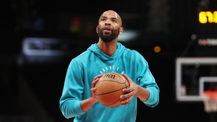 Mar 12, 2025; Atlanta, Georgia, USA; Charlotte Hornets forward Taj Gibson (67) warms up on the court before the game against the Atlanta Hawks at State Farm Arena. Mandatory Credit: Mady Mertens-Imagn Images