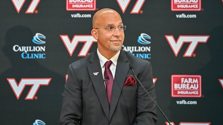 Nov 19, 2025; Blacksburg, VA, USA;  Virginia Tech head coach James Franklin speaks at the press conference at Cassell Coliseum. Mandatory Credit: Brian Bishop-Imagn Images