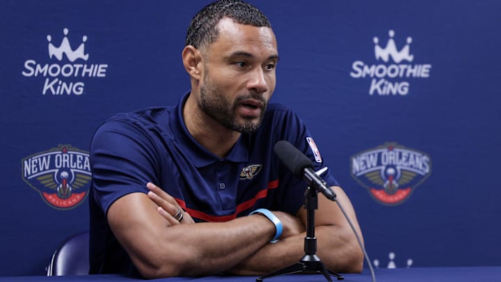 Sep 26, 2022; New Orleans, LA, USA;  New Orleans Pelicans general manager Trajan Langdon during a press conference at the New Orleans Pelicans Media Day from the Smoothie King Center. Mandatory Credit: Stephen Lew-Imagn Images