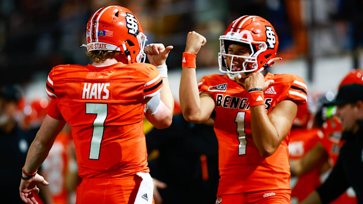Idaho State quarterbacks Jordan Cooke (1) and Hunter Hays (7)