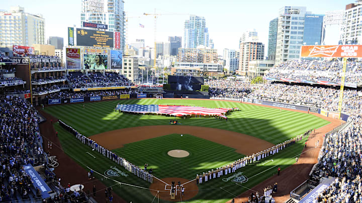 Mar 30, 2014; San Diego, CA, USA; A general view of Petco Park during the national anthem on the opening day baseball game between the Los Angeles Dodgers and the San Diego Padres. Mandatory Credit: Christopher Hanewinckel-Imagn Images