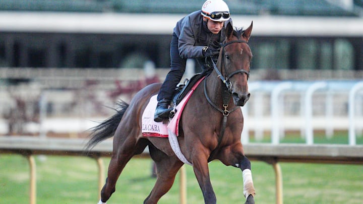 2025 Kentucky Oaks contender La Cara works with rider Kevin Dennis Monday morning April 28, 2025 at Churchill Downs in Louisville, Kentucky. Trainer is Mark Casse. 2025 Kentucky Oaks contender La Cara works with rider Kevin Dennis Monday morning April 28, 2025 at Churchill Downs in Louisville, Kentucky. Trainer is Mark Casse.