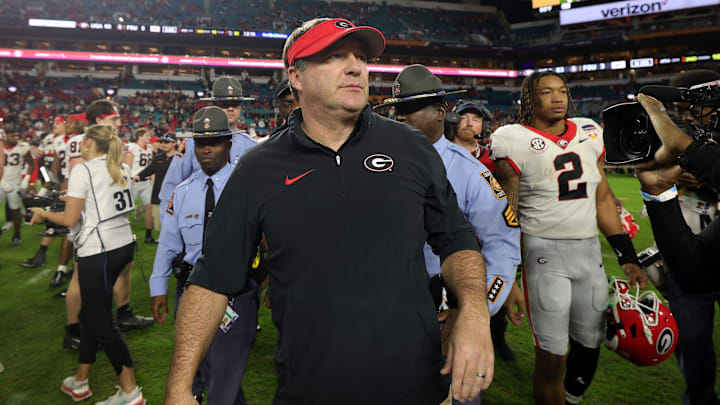 Dec 30, 2023; Miami Gardens, FL, USA; Georgia Bulldogs head coach Kirby Smart reacts after defeating the Florida State Seminoles in the 2023 Orange Bowl at Hard Rock Stadium. Mandatory Credit: Nathan Ray Seebeck-Imagn Images Dec 30, 2023; Miami Gardens, FL, USA; Georgia Bulldogs head coach Kirby Smart reacts after defeating the Florida State Seminoles in the 2023 Orange Bowl at Hard Rock Stadium. Mandatory Credit: Nathan Ray Seebeck-Imagn Images