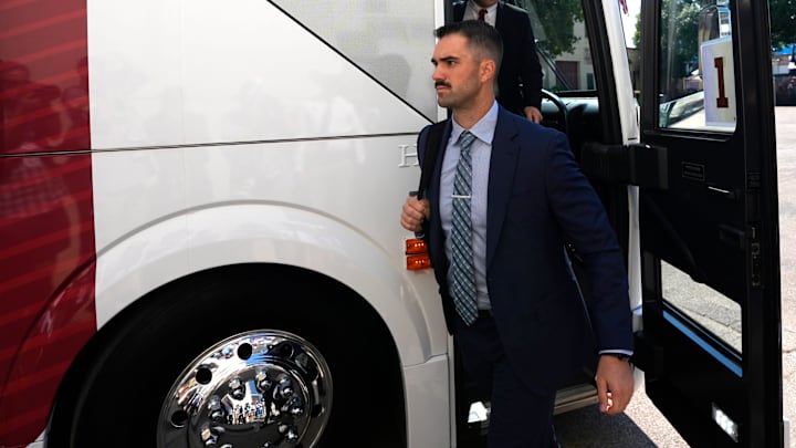 Oklahoma co-defensive coordinator Zac Alley arrives before the Red River Rivalry college football game between the University of Oklahoma Sooners (OU) and the Texas Longhorns at the Cotton Bowl in Dallas, Saturday, Oct. 12, 2024.