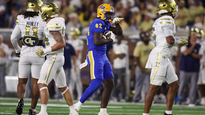 Nov 22, 2025; Atlanta, Georgia, USA; Pittsburgh Panthers tight end Malachi Thomas (82) reacts after a catch against the Georgia Tech Yellow Jackets in the second quarter at Bobby Dodd Stadium at Hyundai Field. Mandatory Credit: Brett Davis-Imagn Images