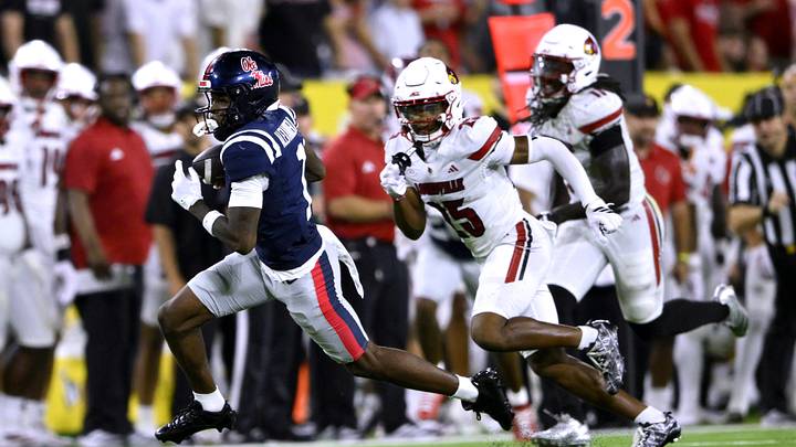Sep 6, 2026; Nashville, Tennessee, USA;  Mississippi Rebels wide receiver Deuce Alexander (1) runs after the catch for a 62-yard touchdown against the Louisville Cardinals during the third quarter at Nissan Stadium.  Mandatory Credit: Steve Roberts-Imagn Images