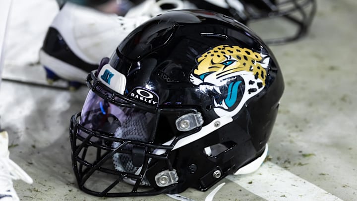 Nov 23, 2025; Glendale, Arizona, USA; Detailed view of a Jacksonville Jaguars helmet at State Farm Stadium. Mandatory Credit: Mark J. Rebilas-Imagn Images Nov 23, 2025; Glendale, Arizona, USA; Detailed view of a Jacksonville Jaguars helmet at State Farm Stadium. Mandatory Credit: Mark J. Rebilas-Imagn Images