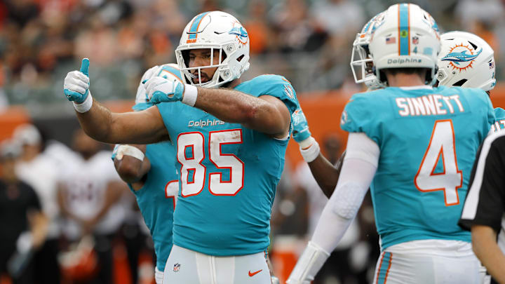 Miami Dolphins tight end Chris Myarick (85)celebrates his game winning touchdown late in fourth quarter against the Cincinnati Bengals at Paul Brown Stadium. 