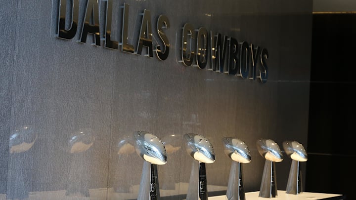 Five Vince Lombardi trophies won by the Dallas Cowboys sit in the lobby at team headquarters at The Star. Five Vince Lombardi trophies won by the Dallas Cowboys sit in the lobby at team headquarters at The Star.