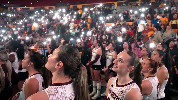 ASU players are introduced before their volleyball match against the Cincinnati Bearcats at Desert Financial Arena on Nov. 26, 2025.