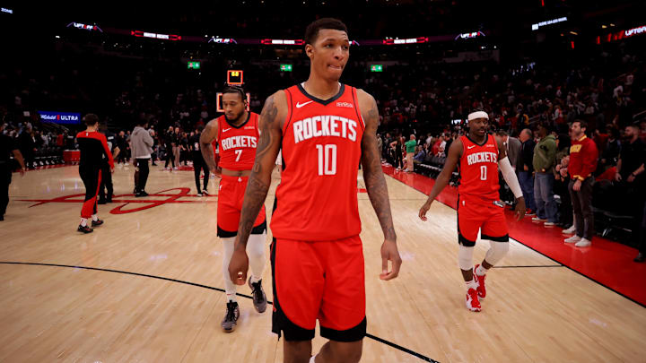 Dec 29, 2024; Houston, Texas, USA; Houston Rockets forward Jabari Smith Jr (10) leaves the court following the game against the Miami Heat during the fourth quarter at Toyota Center. Mandatory Credit: Erik Williams-Imagn Images
