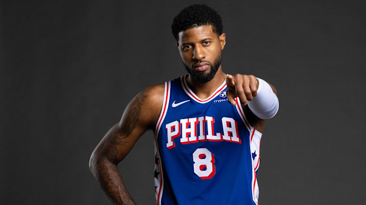 Sep 30, 2024; Camden, NJ, USA; Philadelphia 76ers forward Paul George (8) poses for a photo on media day at the Philadelphia 76ers Training Complex. Mandatory Credit: Bill Streicher-Imagn Images