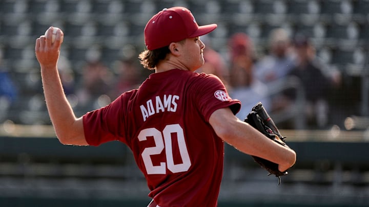 Feb 14, 2025; Tuscaloosa, AL, USA; Starting pitcher Zane Adams makes a pitch during Alabama baseball’s opening day at Sewell-Thomas Stadium against Bradley. The Crimson Tide defeated Bradley 10-6.