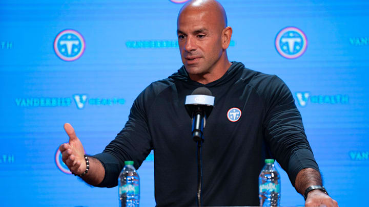Tennessee Titans coach Robert Saleh speaks with the media before the Titans Rookie Camp Day 1 at Vanderbilt Health Football Center in Nashville, Tenn., Friday, May 1, 2026.