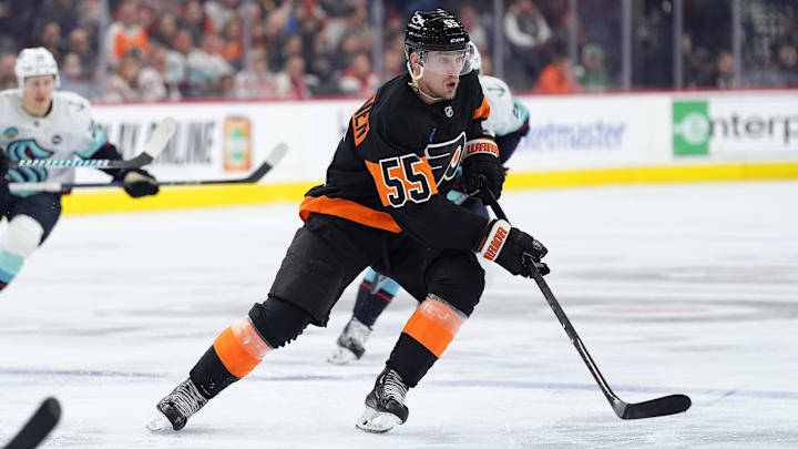 Mar 8, 2025; Philadelphia, Pennsylvania, USA; Philadelphia Flyers defenseman Rasmus Ristolainen (55) in action against the Seattle Kraken in the second period at Wells Fargo Center. Mandatory Credit: Kyle Ross-Imagn Images