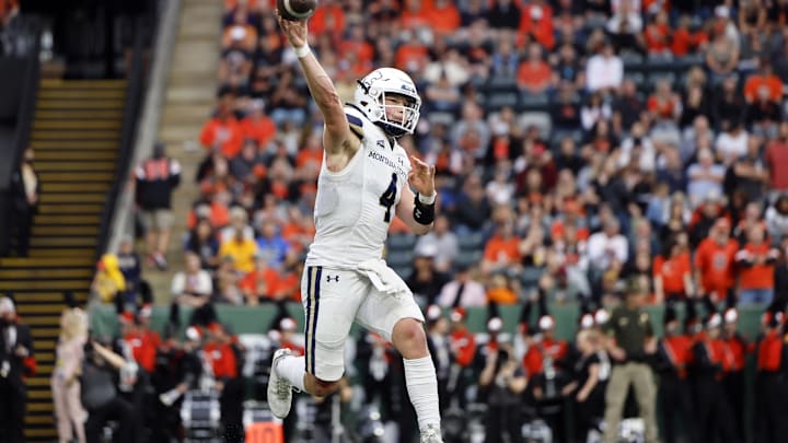 Sep 17, 2022; Portland, Oregon, USA; Montana State Bobcats quarterback Tommy Mellott (4) throws the ball during the first half against the Oregon State Beavers at Providence Park. Mandatory Credit: Soobum Im-Imagn Images Sep 17, 2022; Portland, Oregon, USA; Montana State Bobcats quarterback Tommy Mellott (4) throws the ball during the first half against the Oregon State Beavers at Providence Park. Mandatory Credit: Soobum Im-Imagn Images