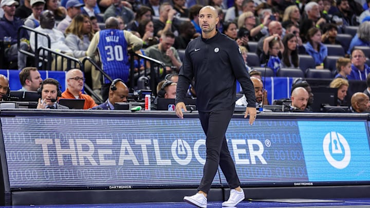 Nov 14, 2025; Orlando, Florida, USA; Brooklyn Nets head coach Jordi Fernandez looks on during the second quarter against the Orlando Magic at Kia Center. Mandatory Credit: Mike Watters-Imagn Images