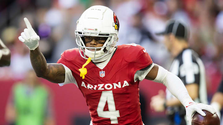 Jan 5, 2025; Glendale, Arizona, USA; Arizona Cardinals wide receiver Greg Dortch (4) celebrates after scoring a touchdown against the San Francisco 49ers in the first half at State Farm Stadium. Mandatory Credit: Mark J. Rebilas-Imagn Images Jan 5, 2025; Glendale, Arizona, USA; Arizona Cardinals wide receiver Greg Dortch (4) celebrates after scoring a touchdown against the San Francisco 49ers in the first half at State Farm Stadium. Mandatory Credit: Mark J. Rebilas-Imagn Images