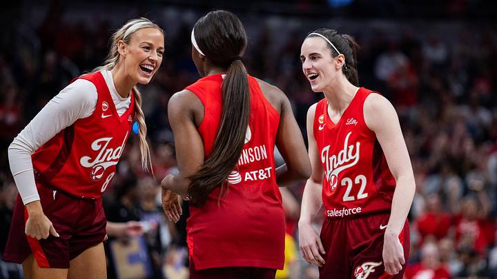 May 22, 2026; Indianapolis, Indiana, USA; Indiana Fever guard Caitlin Clark (22) and guard Sophie Cunningham (8) celebrate a made shot with guard Raven Johnson (3) in the second half against the Golden State Valkyries at Gainbridge Fieldhouse. Mandatory Credit: Trevor Ruszkowski-Imagn Images May 22, 2026; Indianapolis, Indiana, USA; Indiana Fever guard Caitlin Clark (22) and guard Sophie Cunningham (8) celebrate a made shot with guard Raven Johnson (3) in the second half against the Golden State Valkyries at Gainbridge Fieldhouse. Mandatory Credit: Trevor Ruszkowski-Imagn Images