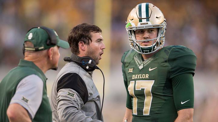 Sep 2, 2016; Waco, TX, USA; Baylor Bears offensive coordinator Kendal Briles talks to quarterback Seth Russell (17) as acting head coach Jim Grobe looks on during the first quarter of the game against the Northwestern State Demons at McLane Stadium. Mandatory Credit: Jerome Miron-USA TODAY Sports