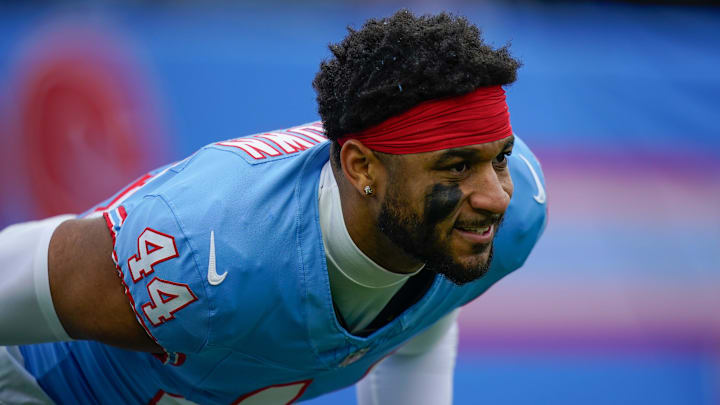 Tennessee Titans safety Mike Brown (44) is on the field for warm ups before the game against the Houston Texans at Nissan Stadium in Nashville, Tenn., Sunday, Jan. 5, 2025.