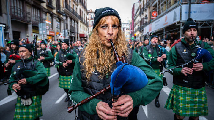 Bagpipers playing music celebrating Saint Patrick's Day.